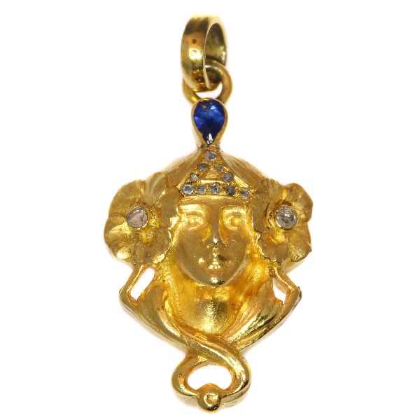 Antique gold Art Nouveau pendant womans head with diamonds and sapphire